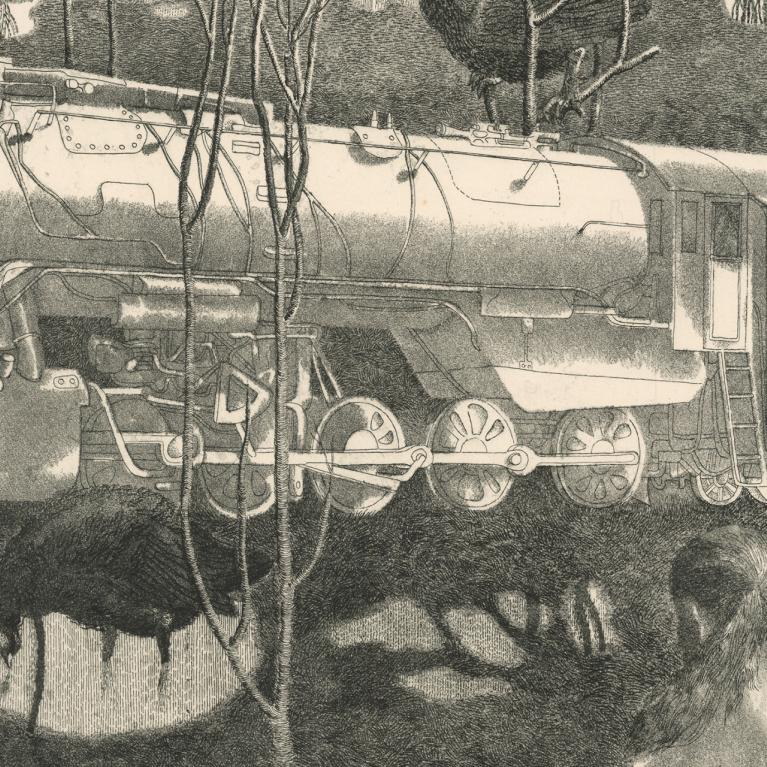 Graphic artwork depicting a steam locomotive in a forest scene, with birds and a human silhouette in the foreground.