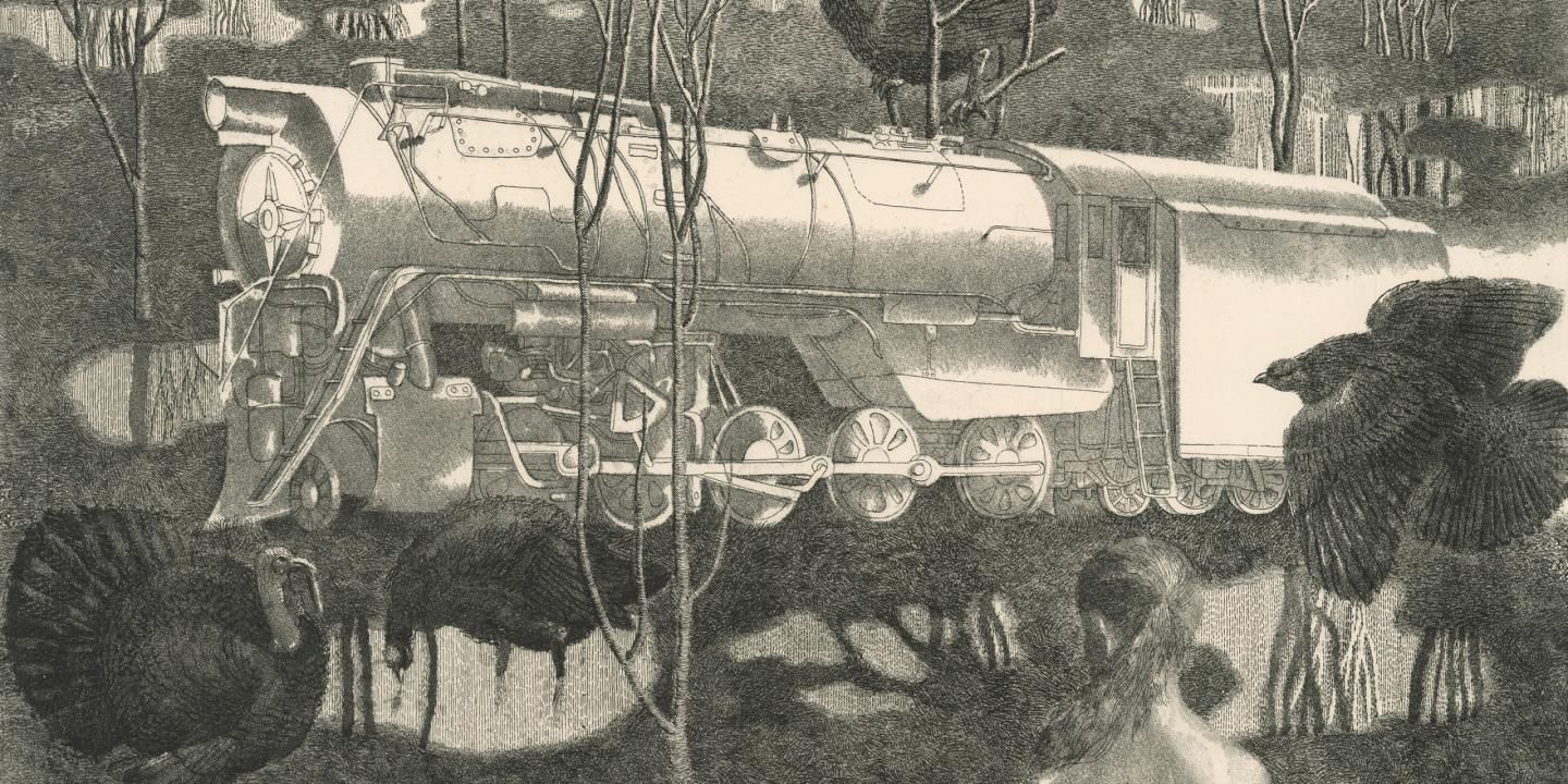 Graphic artwork depicting a steam locomotive in a forest scene, with birds and a human silhouette in the foreground.