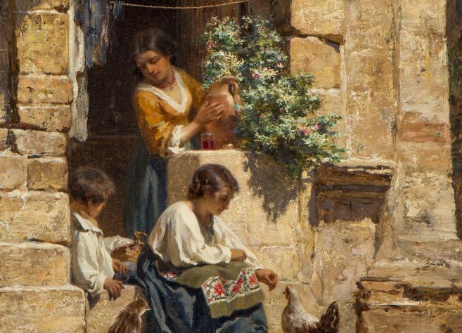 Gleznā attēlotas sievietes un bērns pie akmens ēkas sienas saulainā dienā; viena sieviete tur māla krūzi, cita baro vistas.