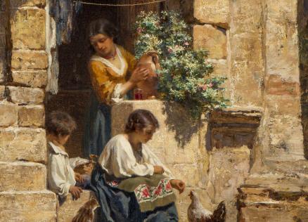 Gleznā attēlotas sievietes un bērns pie akmens ēkas sienas saulainā dienā; viena sieviete tur māla krūzi, cita baro vistas.