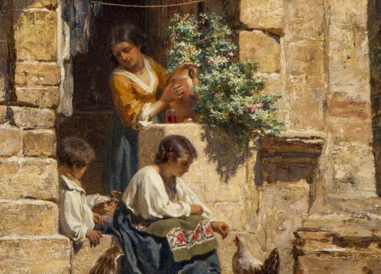 Gleznā attēlotas sievietes un bērns pie akmens ēkas sienas saulainā dienā; viena sieviete tur māla krūzi, cita baro vistas.