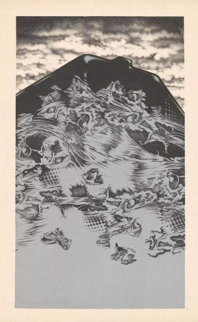 Black and white artwork depicting a mountain silhouette and flowing waves containing human and animal forms.