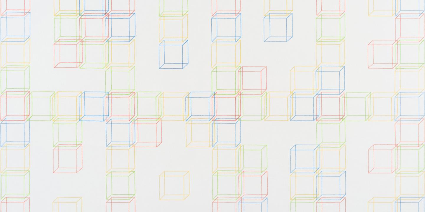 Abstrakts zīmējums ar krāsainu līniju kubiem, kas veido režģveida rakstu uz gaiša fona.