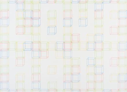 Abstrakts zīmējums ar krāsainu līniju kubiem, kas veido režģveida rakstu uz gaiša fona.