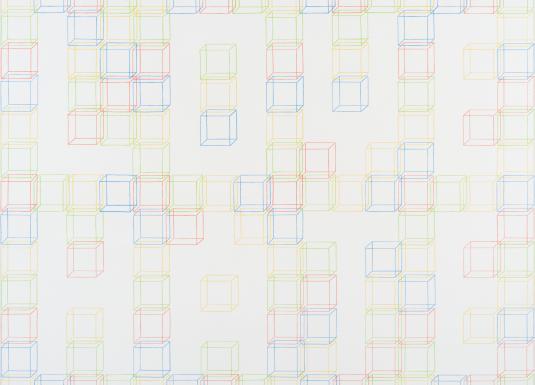 Abstrakts zīmējums ar krāsainu līniju kubiem, kas veido režģveida rakstu uz gaiša fona.