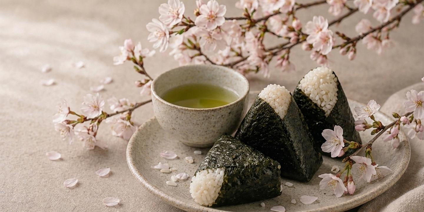 Šķīvītis ar rīsu trijstūriem (onigiri) un tasi zaļās tējas, dekorēts ar ķiršu ziedu zariem.