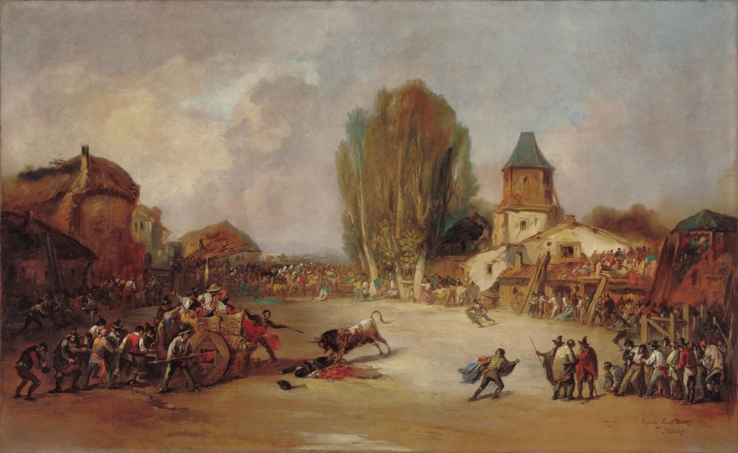 Artwork with a scene from a bullfight in Spain.