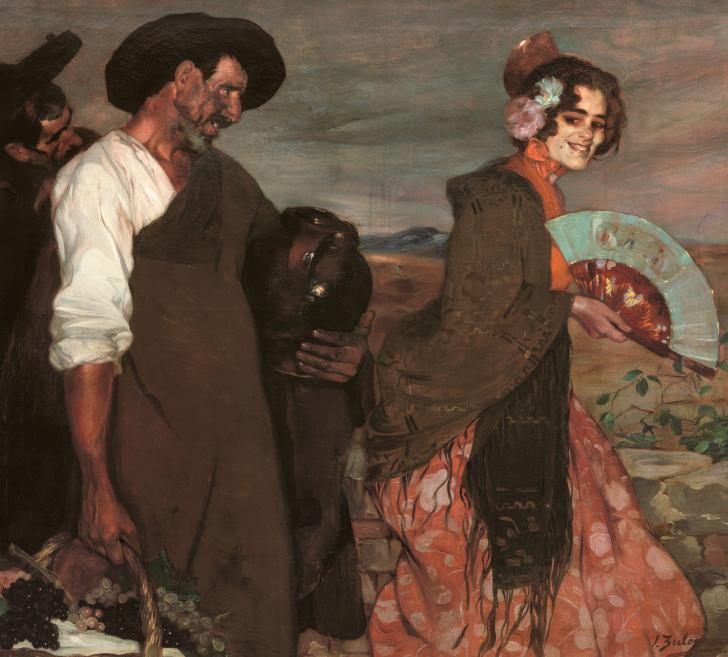 Artwork with a woman in Spanish dress and a man.