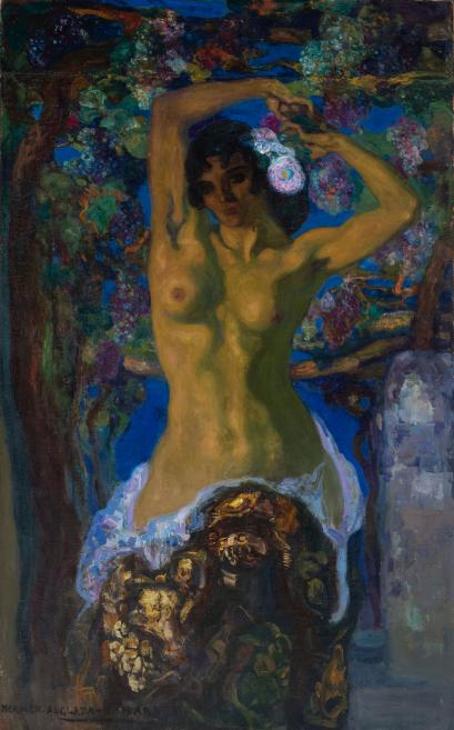 Artwork with half-naked woman in cool tones.