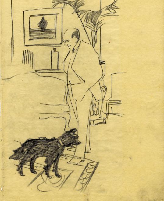 Black and white artwork with a man and a dog.