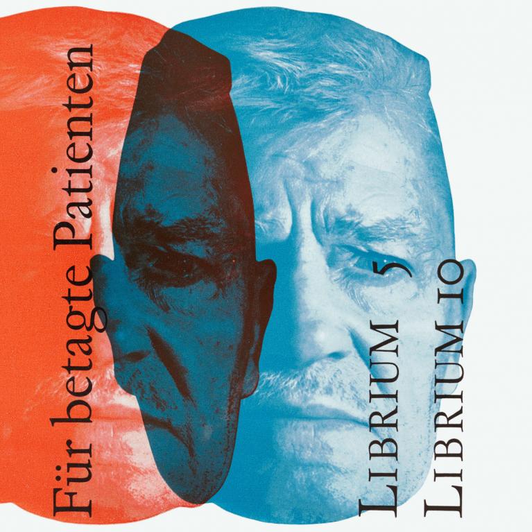 Graphic artwork featuring three overlapping portraits of an elderly man in grayscale, red, and blue tones, overlaid with German text “Für betagte Patienten” and “Librium 5 / Librium 10.”