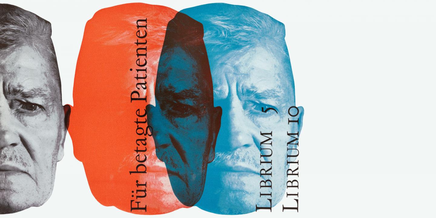 Graphic artwork featuring three overlapping portraits of an elderly man in grayscale, red, and blue tones, overlaid with German text “Für betagte Patienten” and “Librium 5 / Librium 10.”