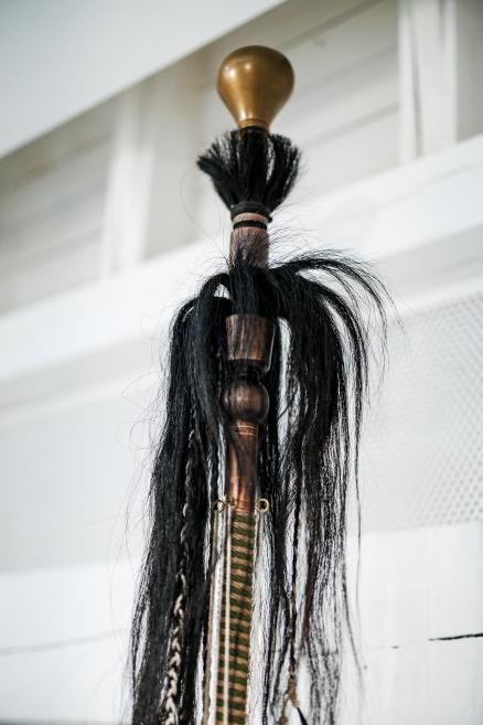 Traditional Crimean Tatar object made of metal and horsehair displayed in the exhibition “Qalqan. Symbols of Crimean Tatars”.