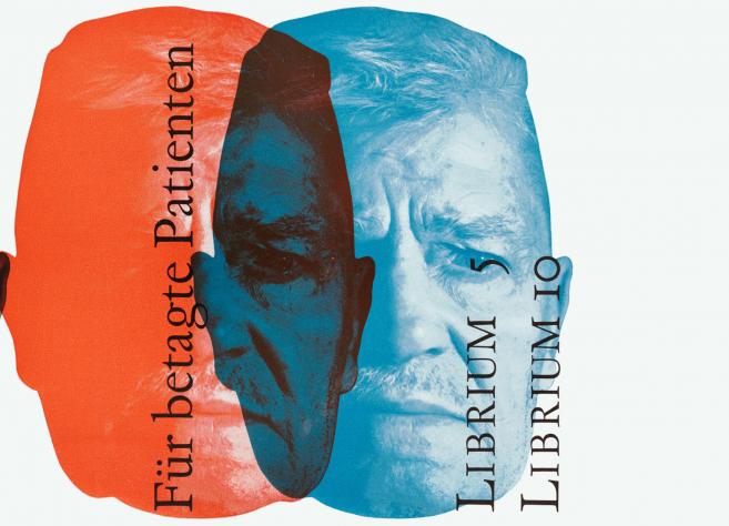 Graphic artwork featuring three overlapping portraits of an elderly man in grayscale, red, and blue tones, overlaid with German text “Für betagte Patienten” and “Librium 5 / Librium 10.”