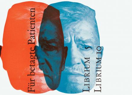Graphic artwork featuring three overlapping portraits of an elderly man in grayscale, red, and blue tones, overlaid with German text “Für betagte Patienten” and “Librium 5 / Librium 10.”