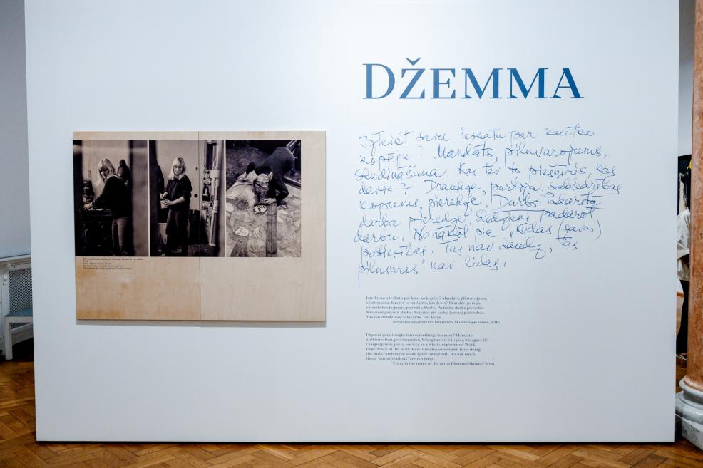 The exhibition’s introductory wall panel shows the text “Džemma” alongside photographs of the artist at work.