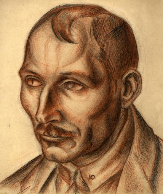 Portrait drawing of a man in reddish-brown and black pastel on toned paper, shown with a turned head and a visible shirt and jacket.