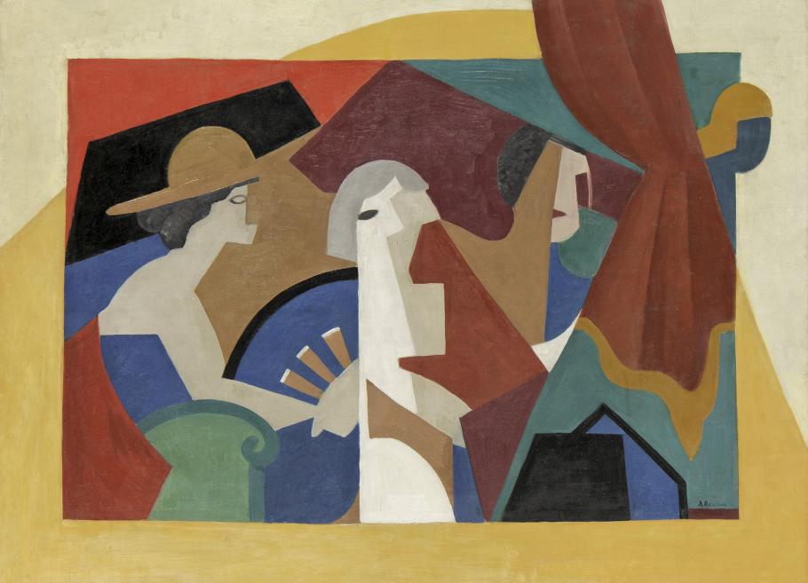 Abstract composition with three stylized female figures amid flat geometric color fields.