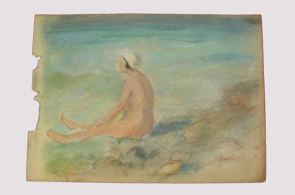 Pastel drawing of a seated nude figure on a beach or by the water, rendered in light blue-green and sandy tones.