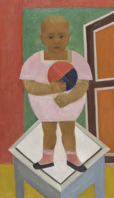 Painted figure of a small child in a pink outfit holding a red and blue ball, standing on a table or box against a colorful interior background.