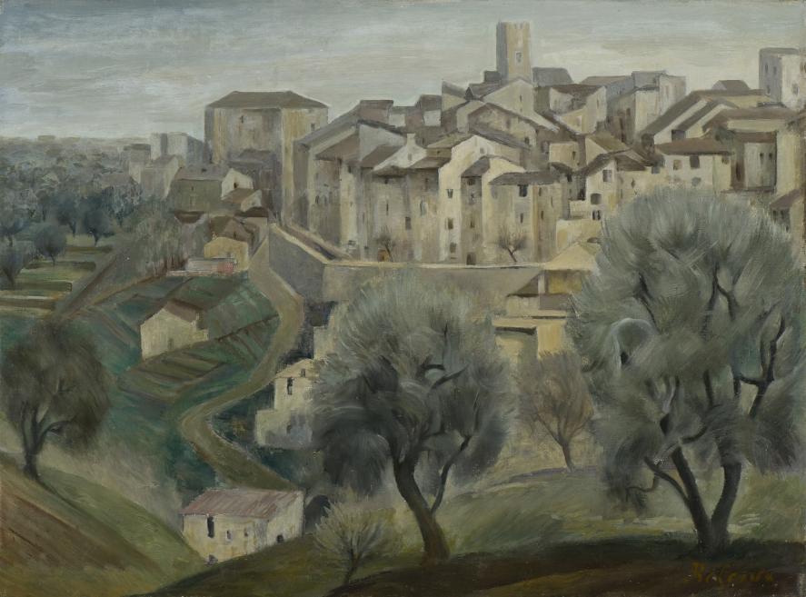 Painted hilly cityscape with closely packed pale buildings, a tower, trees in the foreground, and a winding path.