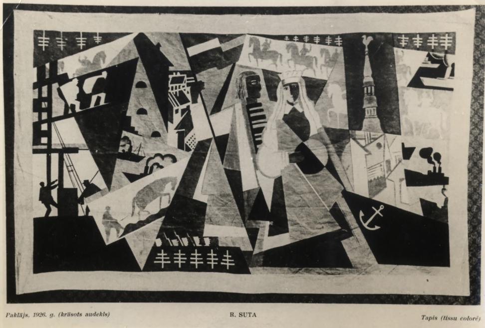 Black-and-white colored cubist collage with multiple fragmented human, architectural and maritime motifs, including female figures at center and an anchor symbol in the lower right corner.