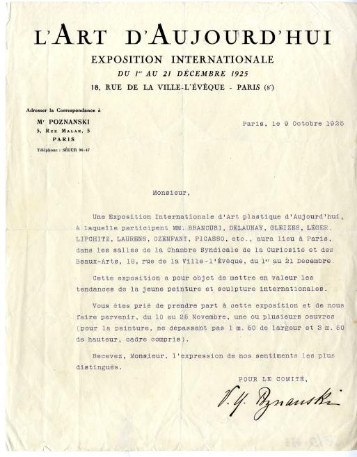 Mašīnrakstā rakstīta franču vēstule uz pelēcīga papīra ar virsrakstu L’ART D’AUJOURD’HUI un datumam 1925. gada 9. oktobris, apakšā ar roku parakstīta.