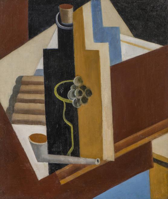 Abstract composition of geometric planes and forms in a painted still life, showing stairs, cylinders, pipes and glass vessels.
