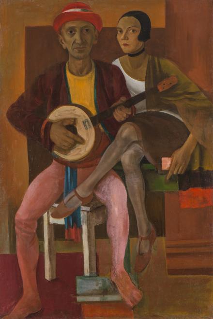 Figurative painting of a seated man in a red hat playing a banjo and a woman sitting behind him with a musical instrument on her lap, in an interior with a brown background.