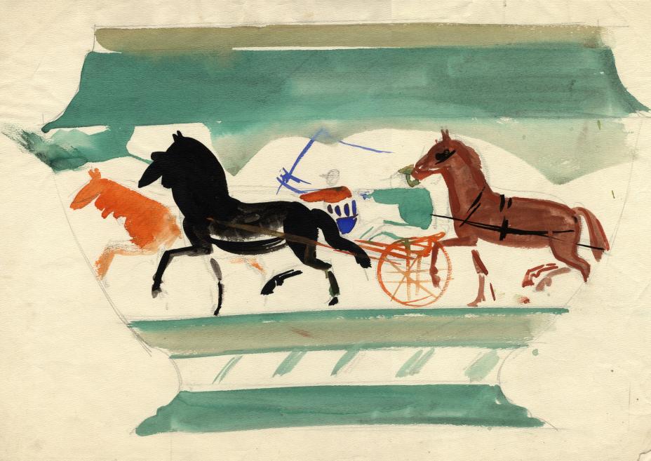 Watercolor sketch of three horses and a cart on a light background, with broad green-blue brushstrokes above and below the composition.