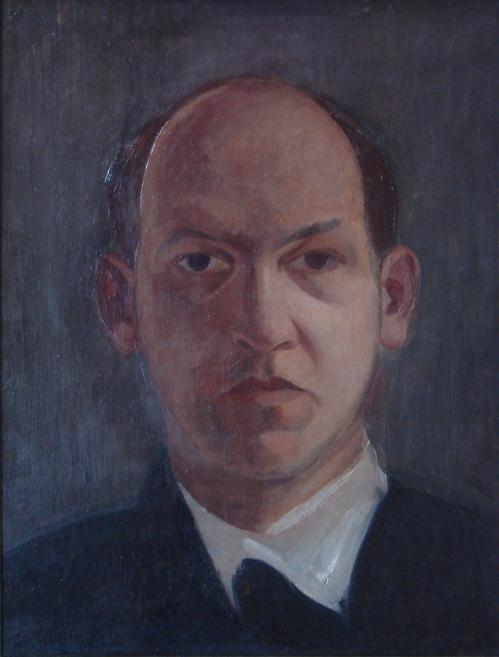 Painted bust portrait of a bald man against a dark background.