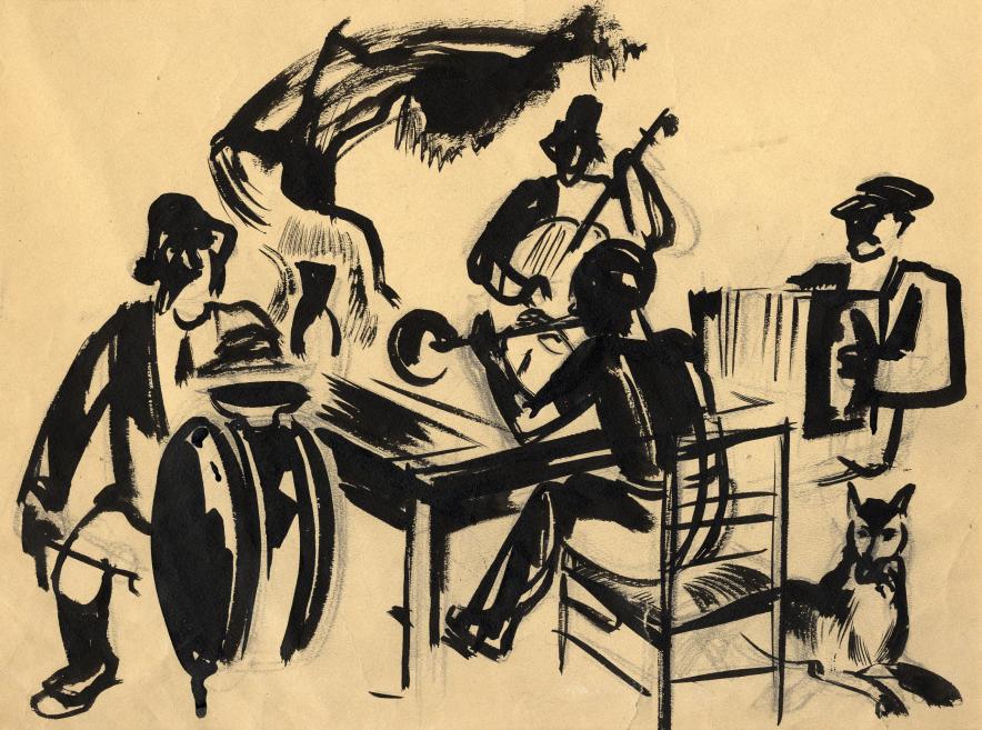 Tintes zīmējums uz dzeltenīga papīra ar vairākām stilizētām mūziķu figūrām, kas spēlē stīgu instrumentus un sitamos instrumentus.