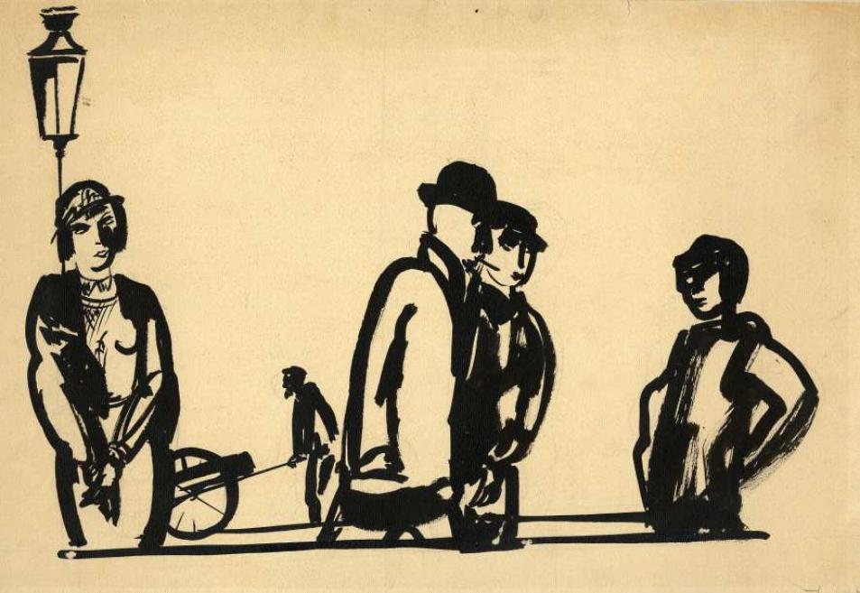 Black-and-white ink drawing of several stylized figures on a city street, including a lamppost and part of a bicycle.