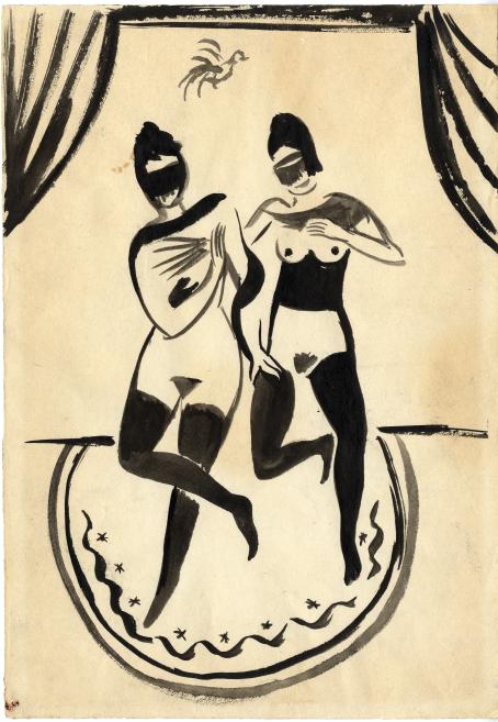 Black-and-white drawing of two stylized nude female figures in an interior with curtains, with a small bird above them.