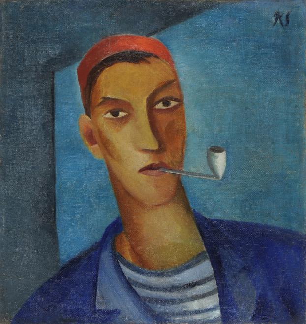 Painted portrait of a man wearing a red cap with a pipe in his mouth and blue clothing against a blue-gray background.