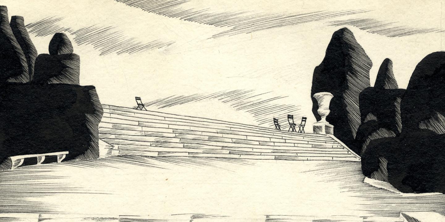 Black-and-white graphic showing a broad stepped path between dark rock formations with a few folding chairs on the steps.