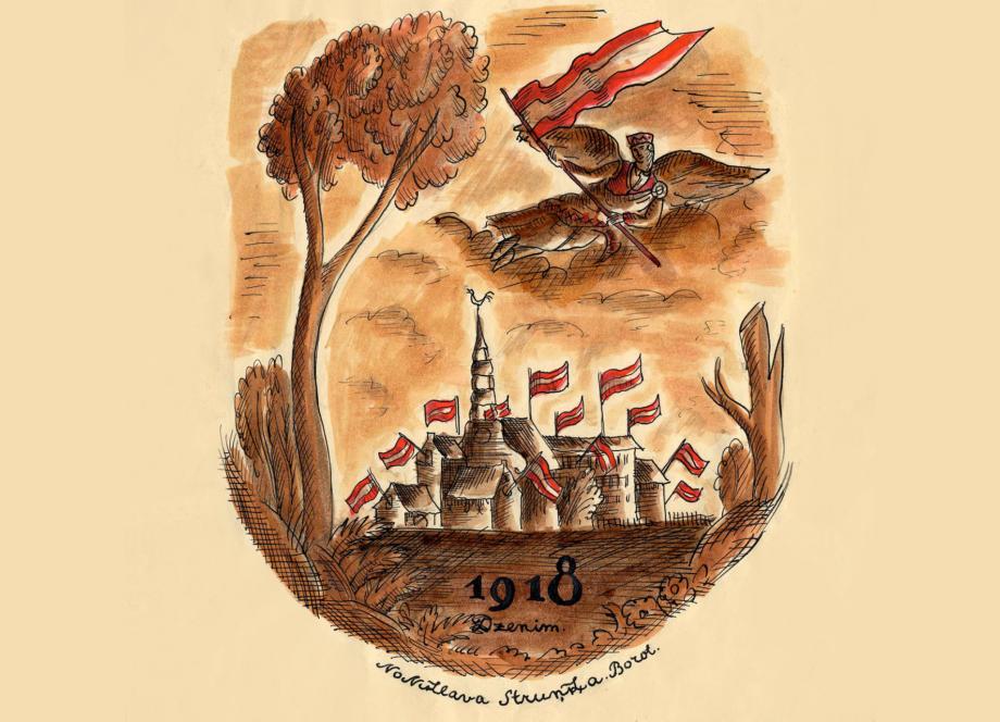 Niklāva Strunkes ilustrācija ar eņģeli, kas nes Latvijas karogu virs pilsētas torņiem, kas rotāti sarkanbaltsarkaniem karogiem, ar uzrakstu “1918 Dzenim”.
