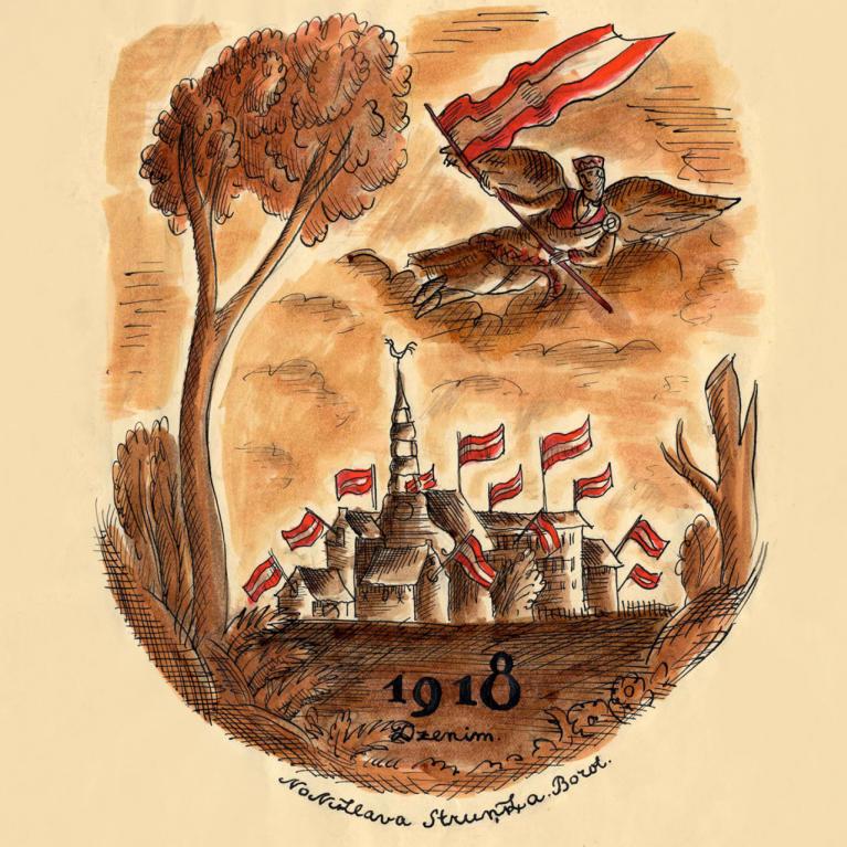 Niklāva Strunkes ilustrācija ar eņģeli, kas nes Latvijas karogu virs pilsētas torņiem, kas rotāti sarkanbaltsarkaniem karogiem, ar uzrakstu “1918 Dzenim”.