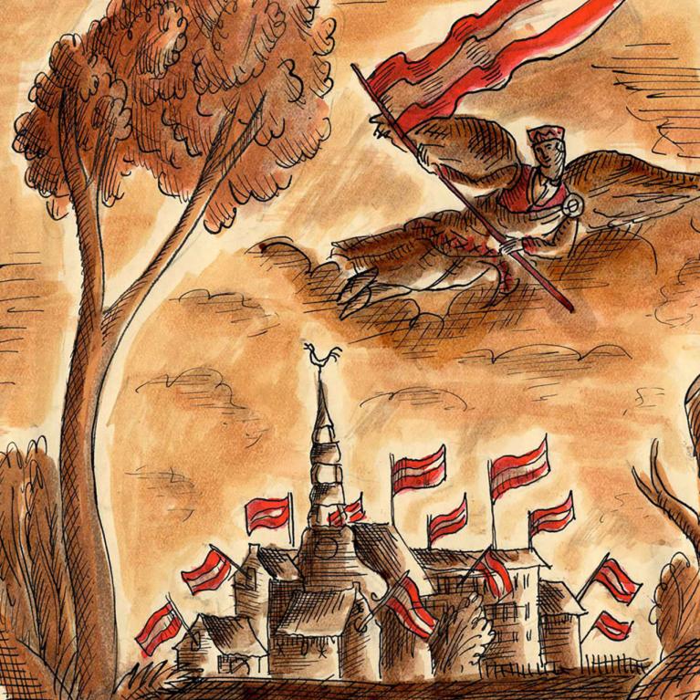 Niklāva Strunkes ilustrācija ar eņģeli, kas nes Latvijas karogu virs pilsētas torņiem, kas rotāti sarkanbaltsarkaniem karogiem, ar uzrakstu “1918 Dzenim”.