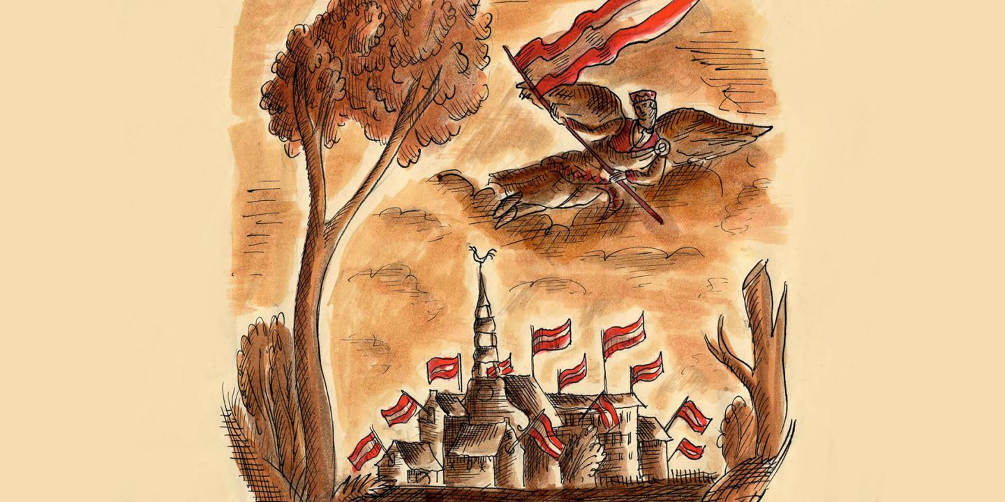 Niklāva Strunkes ilustrācija ar eņģeli, kas nes Latvijas karogu virs pilsētas torņiem, kas rotāti sarkanbaltsarkaniem karogiem, ar uzrakstu “1918 Dzenim”.