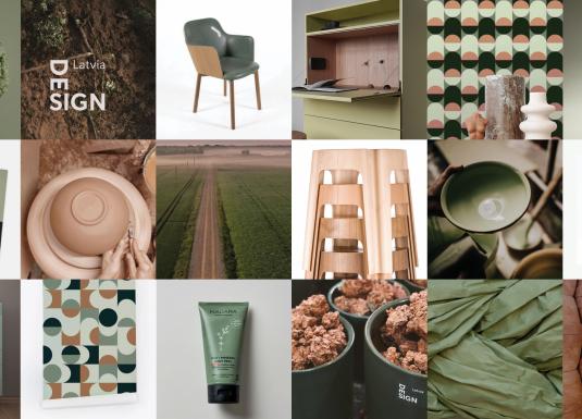 The visual of the exhibition in green and earth tones.