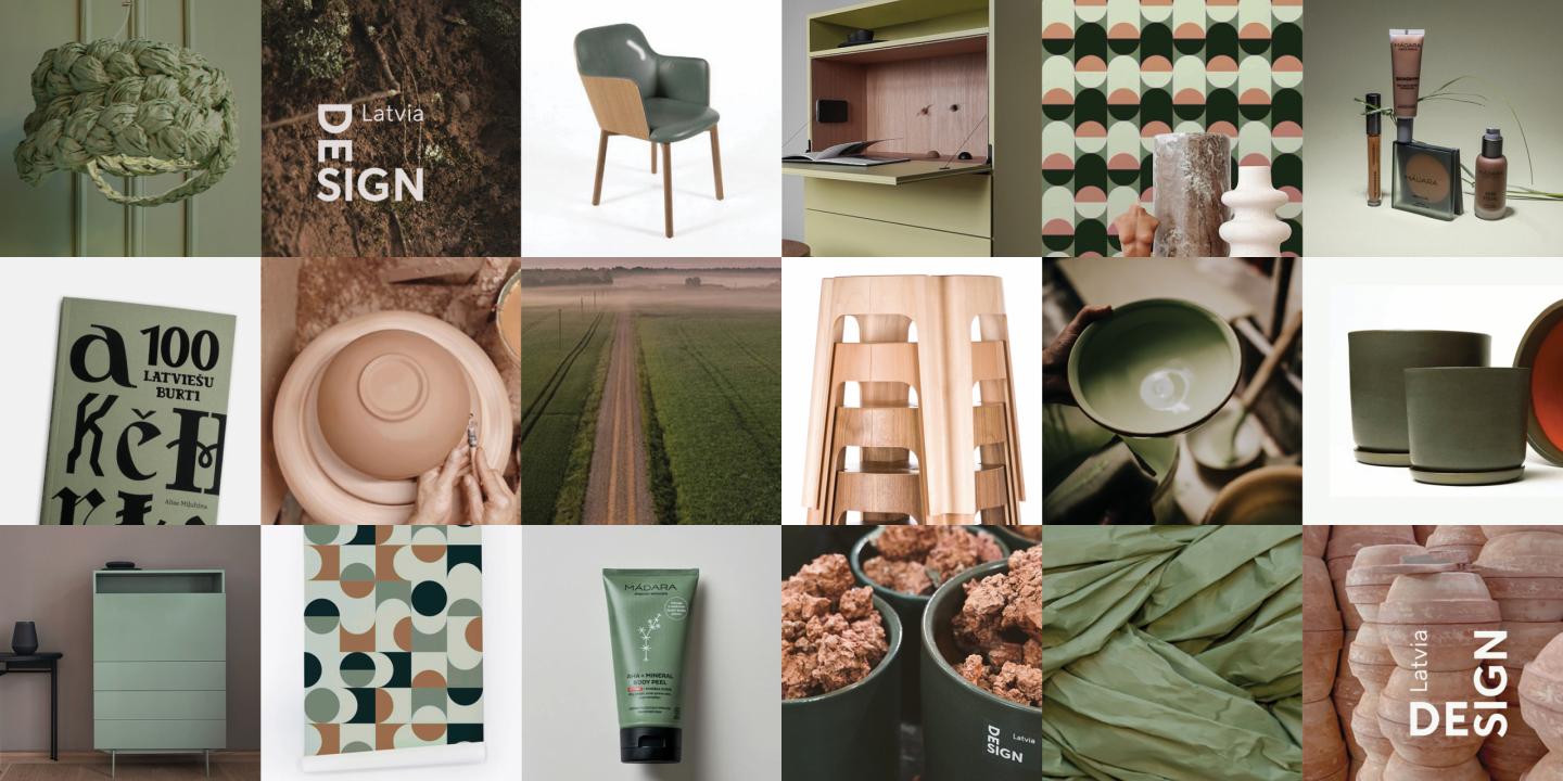 The visual of the exhibition in green and earth tones.