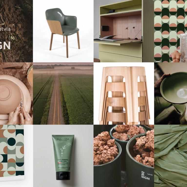 The visual of the exhibition in green and earth tones.