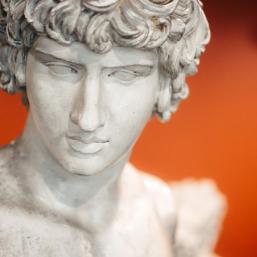 Marble bust of a young man with classical facial features and curly hair set against a red background.