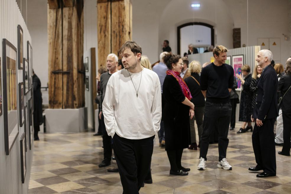 Artist Germans Ermičs at the opening of the exhibition.