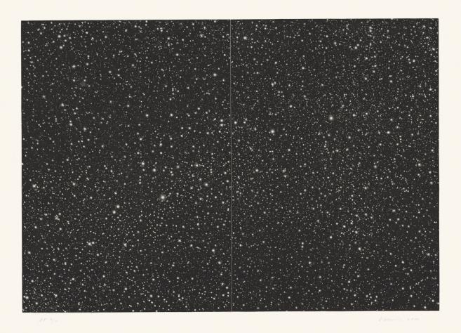 Black-and-white artwork featuring thousands of small dots creating a pattern reminiscent of a starry sky.