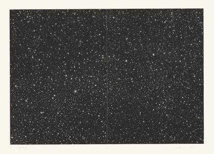 Black-and-white artwork featuring thousands of small dots creating a pattern reminiscent of a starry sky.