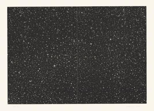 Black-and-white artwork featuring thousands of small dots creating a pattern reminiscent of a starry sky.