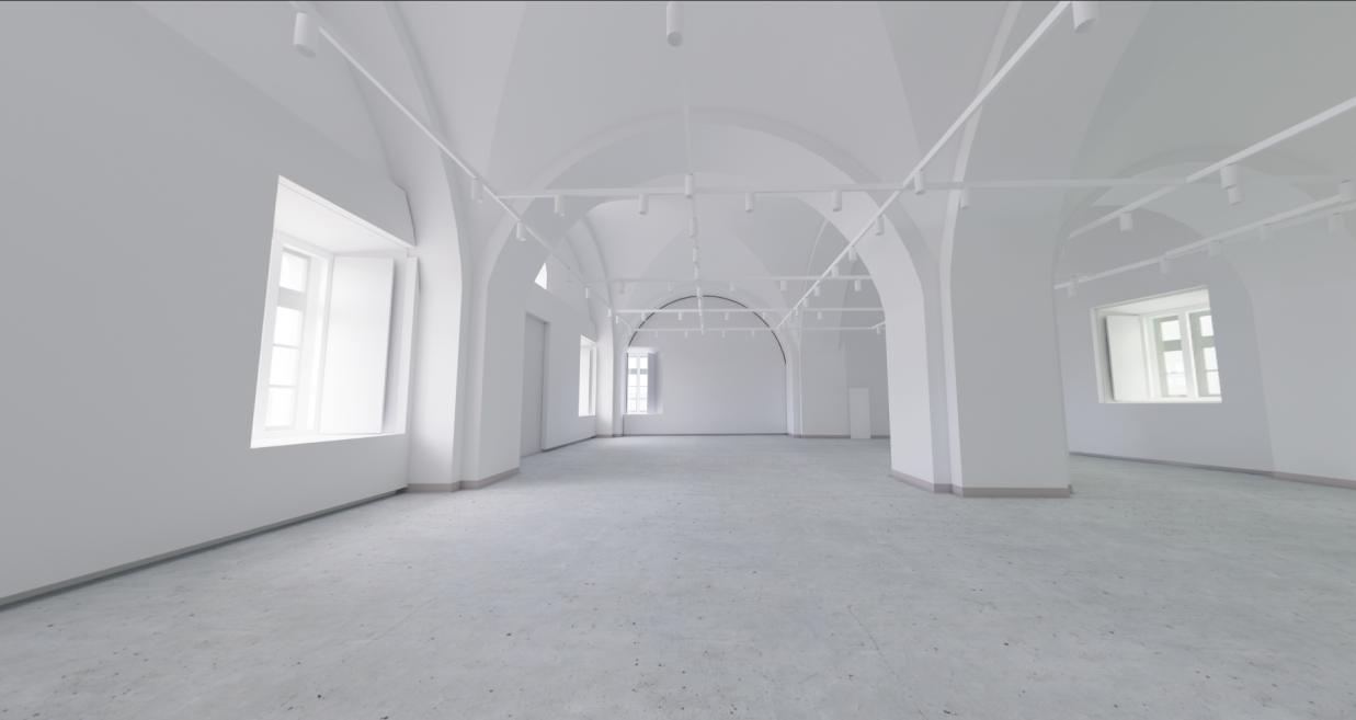 Visualization of a spacious museum hall with vaulted ceilings and windows letting in daylight.