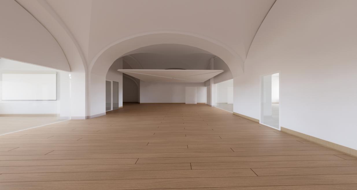 Bright exhibition hall with wooden flooring and modern ceiling lighting.